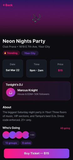 NightSync Events screen